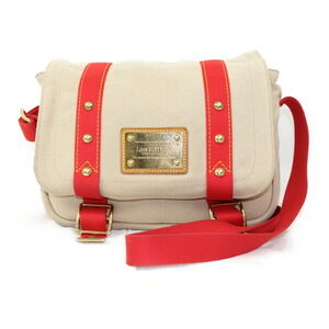 LOUIS VUITTON Besas Shoulder Bag Red Beige Tan Gold Hardware Canvas Bag